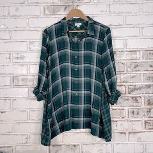 J. Jill Green Plaid Long Sleeve Swing Tunic Soft Flannel Pockets Top M Petite